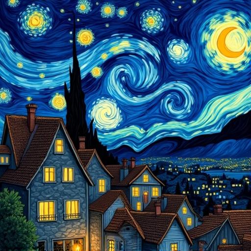 A small European village at night viewed from a hillside. Scene features twisting rooftops glowing windows swirling sky full of exaggerated stars constellations. Rendered in a Van Gogh-inspired style with thick textures bold black outlines. Dominant colors cobalt blue sunflower yellow creating dreamlike serene slightly melancholic mood.