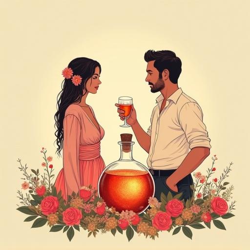 Minimalist screen printing artwork featuring a couple in a lush orchard. Man offers a toast with a cocktail glass. Woman has a flower in her hair and wears a sheer boho blouse. An apothecary bottle with glowing elixir is nearby. Accompanied by cocktail glasses and surrounded by roses and green herbs. Beige background enhances the vintage, natural theme. The composition follows the golden ratio with clean, bold strokes.