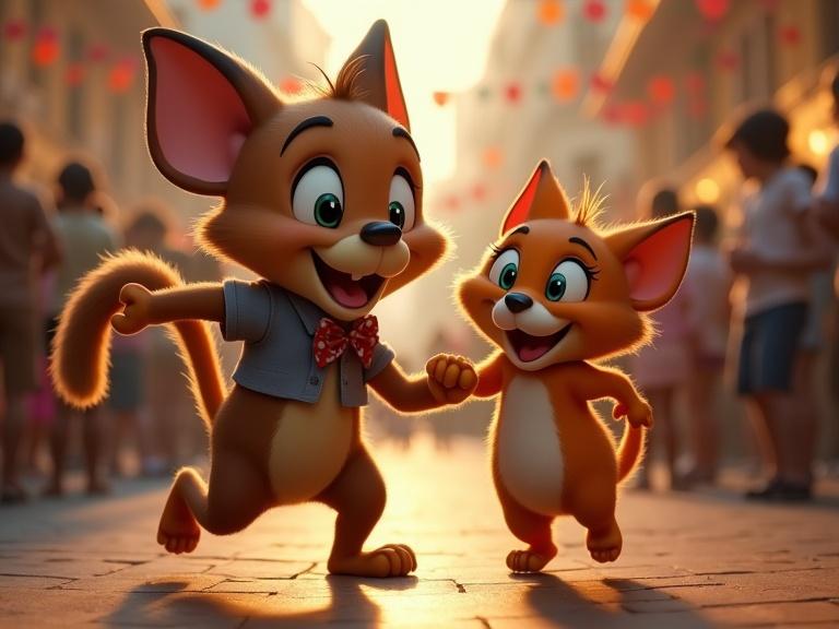 A dog and a cat dancing in Disney style. A number two is in the center. Bright colors and joyful expressions are depicted.
