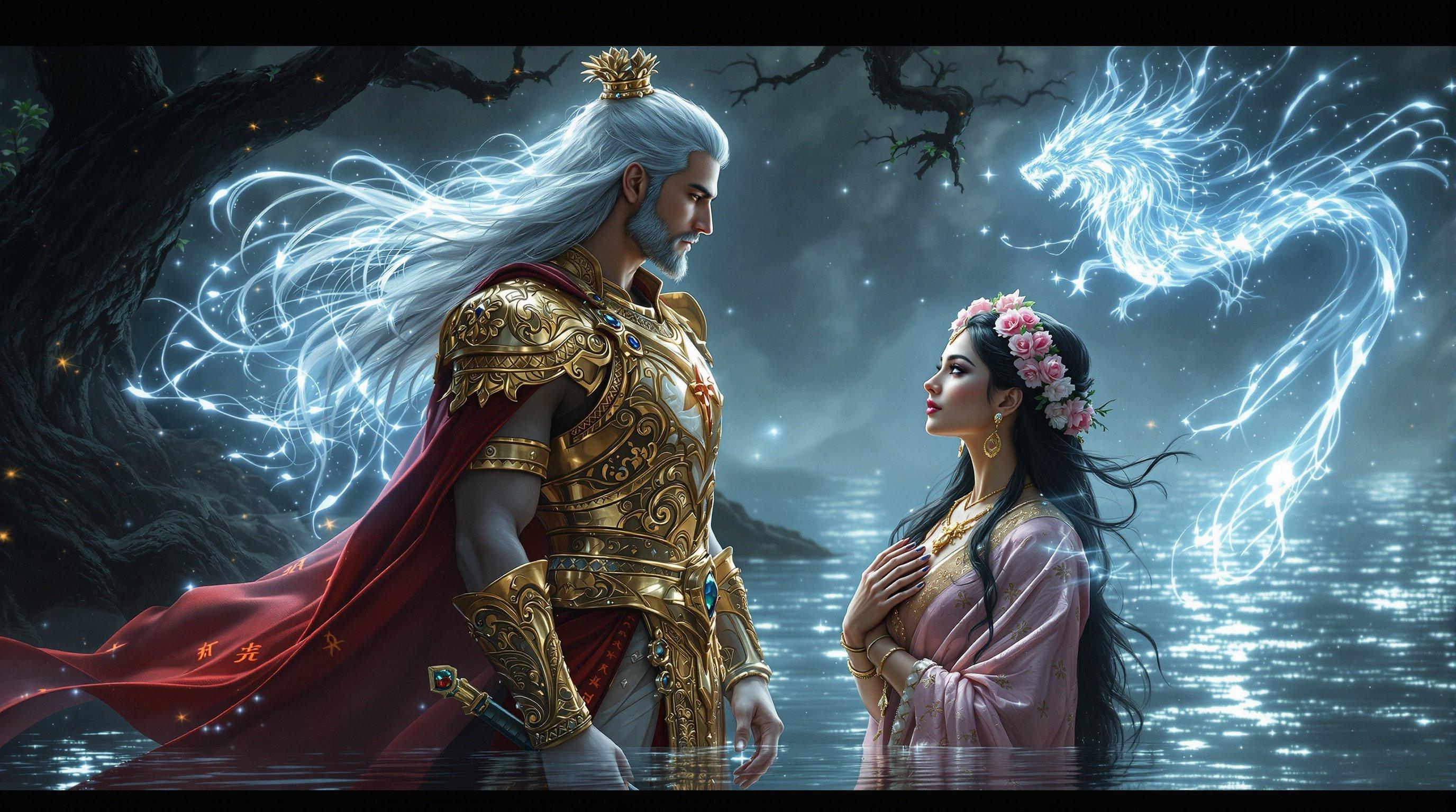 A very clear ultra HD image of a Lake Spirit in glowing silver hovering over a lake. King Rudrasen in golden armor stands with determination by the lake edge. Queen Mriganjali beside him in a shimmering pink saree meets the spirit's gaze. Dark forest with twisted trees in the background, glowing red symbols on bark. The atmosphere charged with supernatural power and determination.