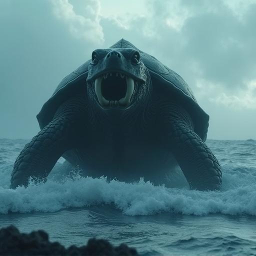 Picture of a massive humanoid turtle emerging from the ocean. Turtle has a dark greyish blue textured shell. Two upward tusk teeth can be seen. Clouds are present in the sky, creating an atmospheric effect. The surrounding water is dynamic with waves and foam falling off the turtle.