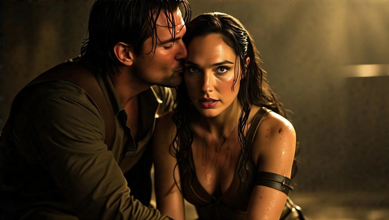 High-quality cinematic shot showcasing an intimate moment between a man and a woman. The woman has dramatic makeup and skin shimmering with sweat. The lighting is atmospheric with deep shadows. The composition emphasizes their connection. A true theatrical masterpiece in photography.
