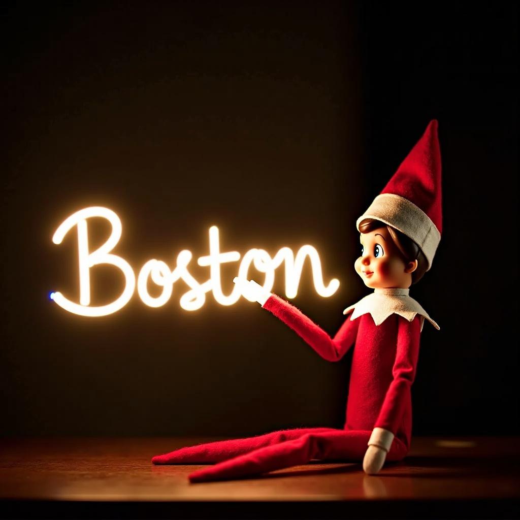 An elf on the shelf character dressed in red and white holding a glow stick. The glow stick forms the word 'Boston' in soft light. The background is dark, enhancing the glow. The scene evokes a warm festive atmosphere.