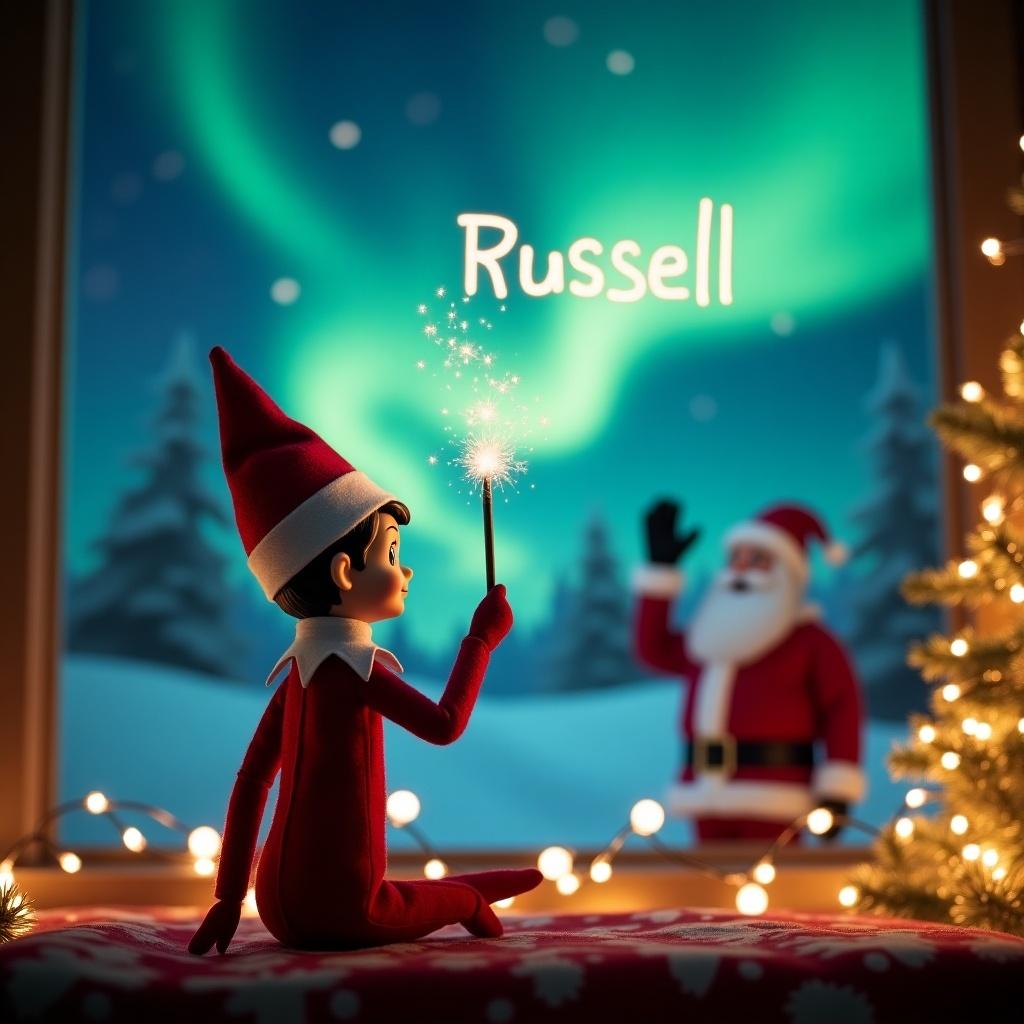 An adorable scene captures an Elf on the Shelf with his back to the viewer. He is facing a breathtaking nighttime sky illuminated by the northern lights. The elf, dressed in traditional holiday attire, is using a magic wand to elegantly write the names 'Russell’ in the air. In the background, Santa Claus joyfully waves, creating a sense of wonder and joy. The scene is completed with decorative Christmas elements like a beautifully lit tree and twinkling fairy lights, evoking a festive spirit.