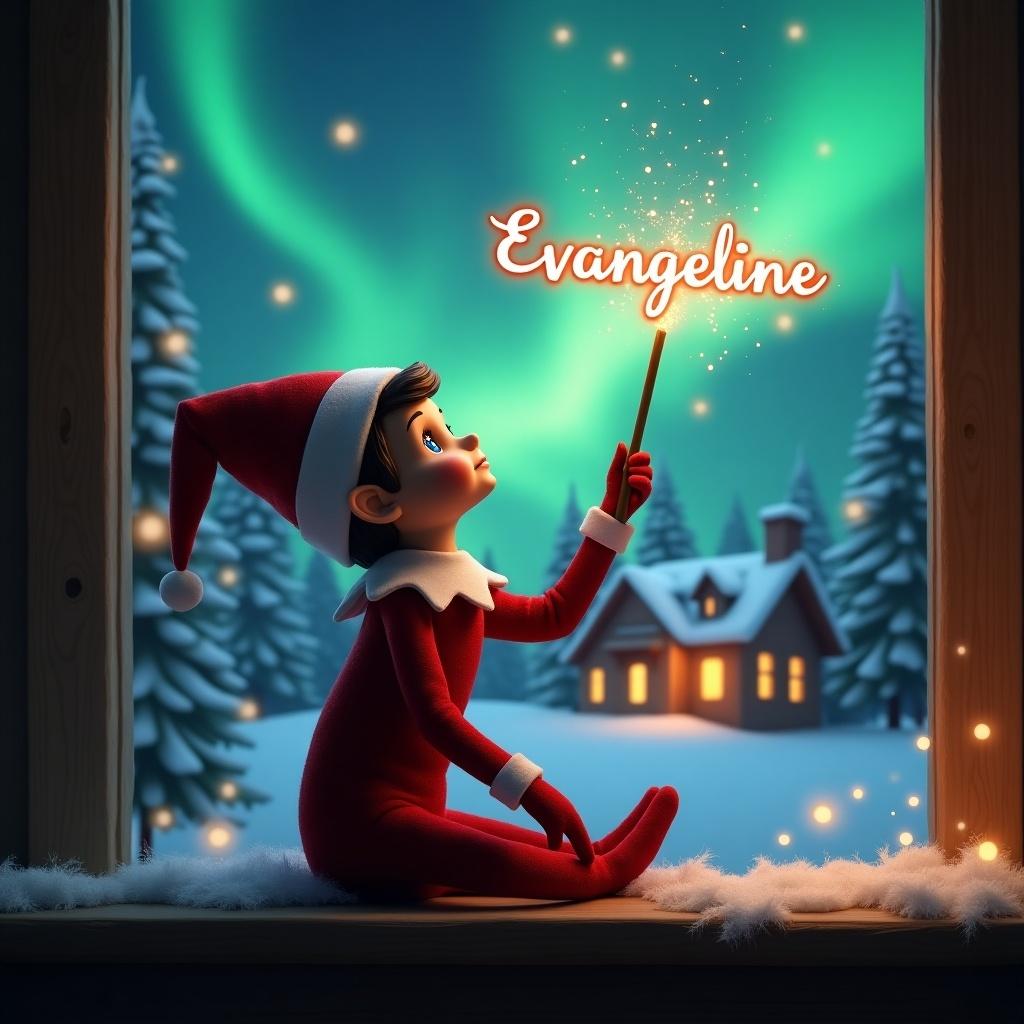 Elf on the shelf sits gazing skyward while holding a glowing wand. Colorful northern lights illuminate a snowy landscape. Cozy house can be seen in the background. The name Evangeline glows in the air. Photorealistic style suitable for holiday themes.