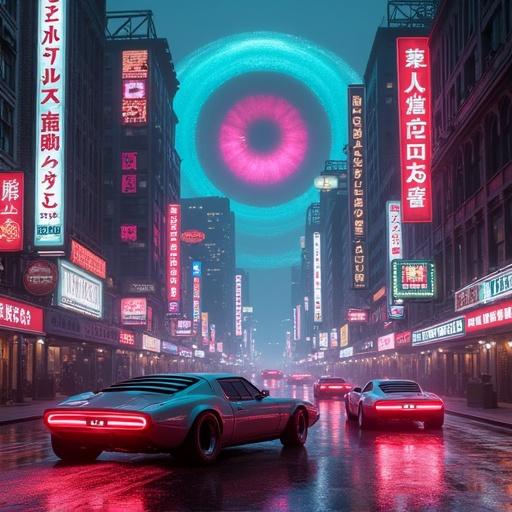 Cyberpunk cityscape with a large colorful eye in the sky. Bustling street with neon signs. Retro-futuristic cars on wet pavement. Mysterious futuristic ambiance. Bright colors contrast with dark urban background. Dystopian yet lively mood. Artistic influences from cyberpunk artists.