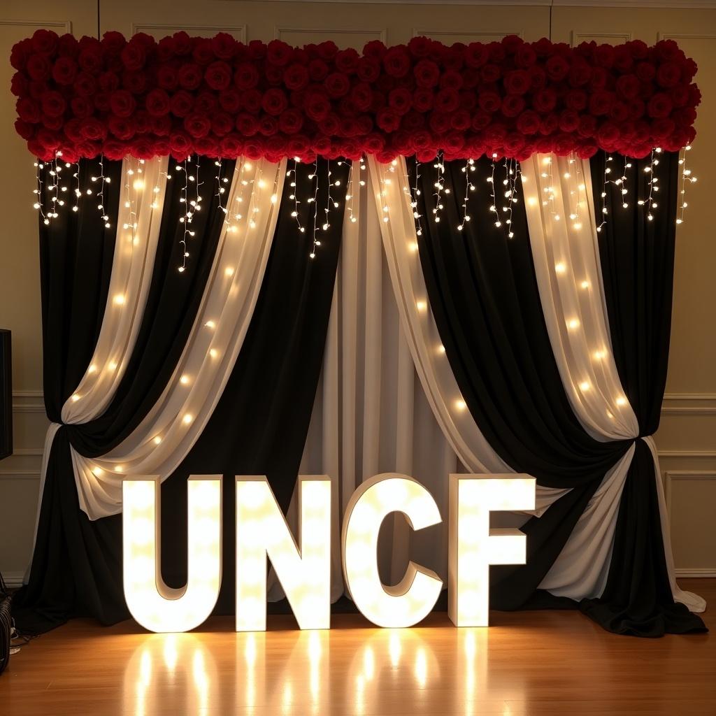 This image features an elegant event backdrop with flowing black and white drapes. The centerpiece is a stunning display of vibrant red roses topped with sparkling white lights. Prominently displayed in front are large, illuminated letters spelling 'UNCF', highlighting its significance. The backdrop creates a sophisticated atmosphere, ideal for formal gatherings. This setup perfectly blends elegance and thematic representation, making it an excellent choice for educational and fundraising events.