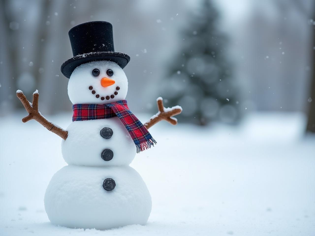 The image depicts a snowman in a winter setting. The snowman has a round body made of three large snowballs stacked on top of each other. It wears a classic black top hat and a colorful scarf wrapped around its neck. Two small coal pieces serve as the eyes, and a carrot is used for the nose. Additionally, the snowman has a cheerful smile made of small pebbles. The background features a serene snowy landscape, enhancing the whimsical winter scene.