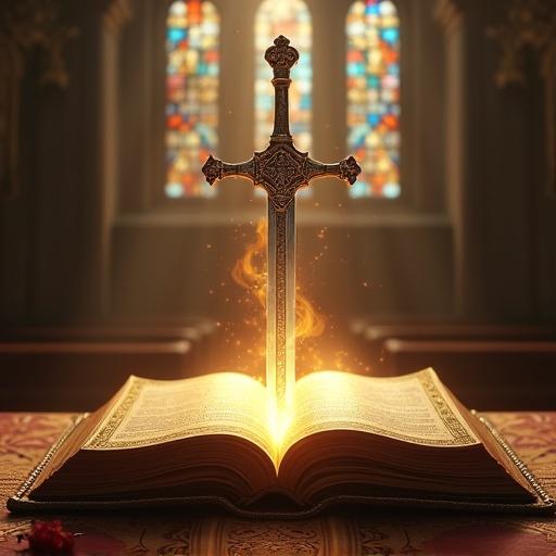 A richly detailed ancient Bible lies open on a carved wooden altar. A powerful divine hand emerges grasping a gleaming silver longsword with sacred engravings. Rays of heavenly light cascade through stained glass windows. Ultra-detailed textures enhance the scene.