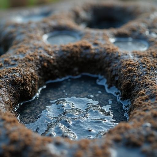 Close-up image of ground pores filled with water. Textures of soil and wet surface are visible. The shine of the water creates an inviting appearance.