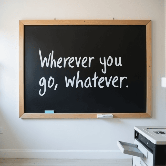 A large blackboard with the phrase 'Wherever you go, whatever.' written in white, located in a minimalist room with a copier nearby.