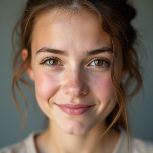 Portrait of a girl capturing a playful expression with a smirk. Eyes slightly squinted as if holding back a laugh. Natural lighting highlights youthful features. Head tilted slightly to the side.