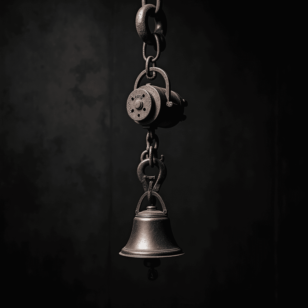 A solitary metal bell hangs suspended from a chain in dim lighting, evoking a sense of nostalgia and timelessness.