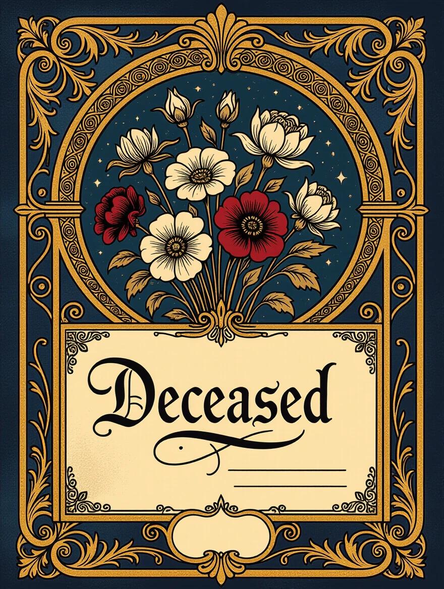 An ornate Art Nouveau style card features the word 'Deceased' in calligraphy. The color scheme includes dark blue and gold. The tone is ominous. Behind the border is a bouquet of dead flowers.