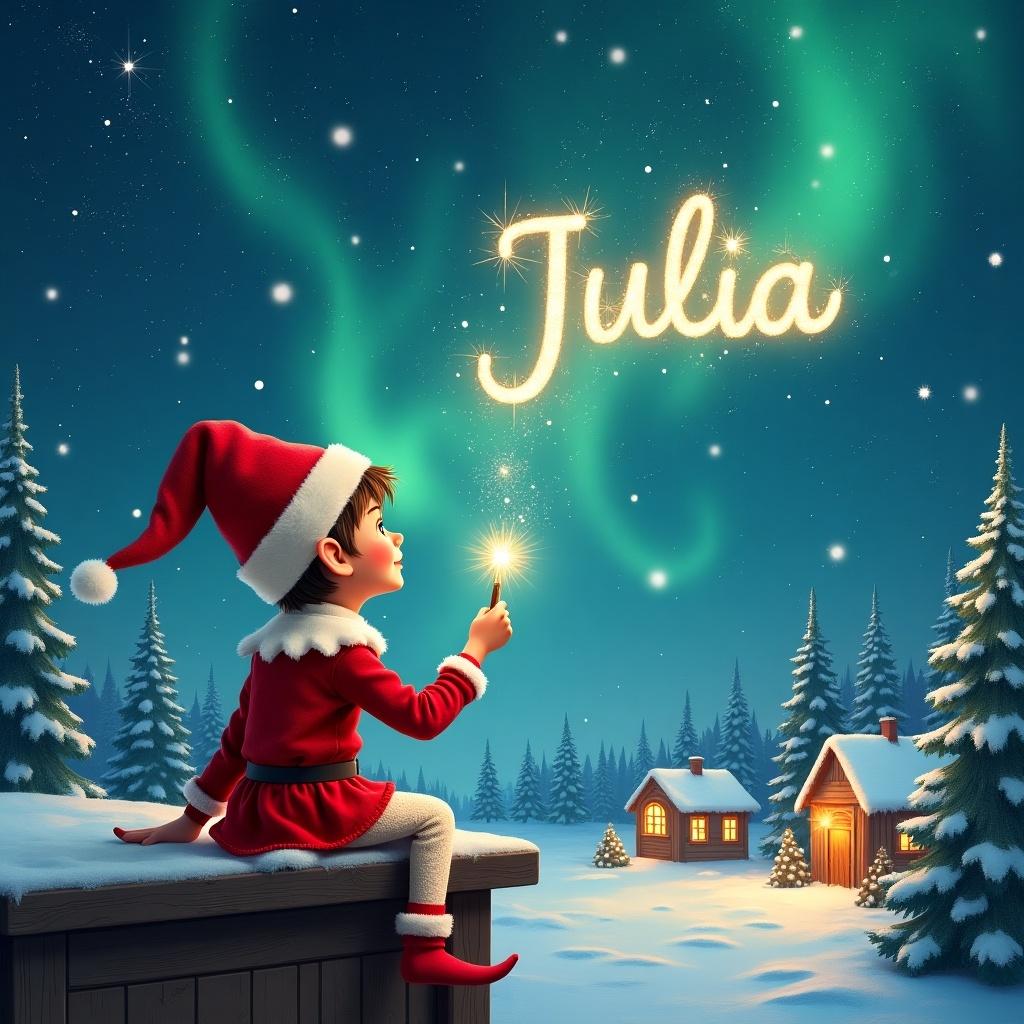 Elf sits on ledge gazing at magical sky. Dressed in red outfit and pointed hat. Holds sparkling wand and writes 'Julia' in sky. Snowy landscape with charming houses and evergreen trees. Northern Lights shimmer above. Names 'Natasha' and 'Ada' added, enhancing magic atmosphere.