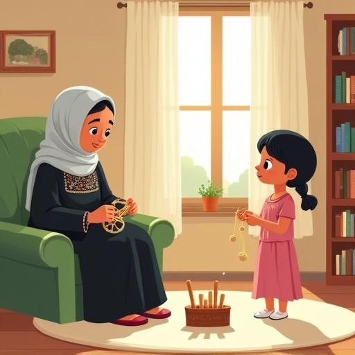 Warm and cozy children's storybook illustration. Grandmother's living room with off-white curtains and round rug. Wooden shelves with old books. Large window with sunlight and potted plant. Grandmother in green armchair crocheting. She wears gray headscarf and long black dress. Granddaughter Leila with a box of wooden pillars. Cozy and magical mood.
