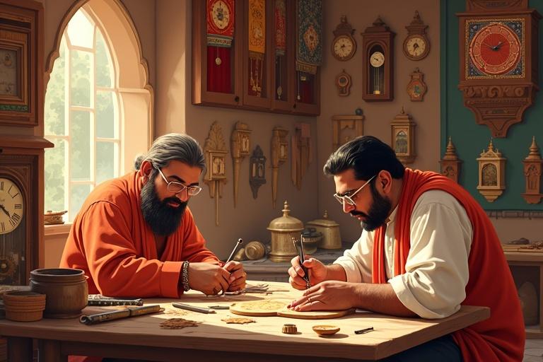 Cozy illustration of an Indian artisan workshop with two artisans crafting wooden clock faces. Tools and brass gears visible on a wooden table. Rajasthani textiles decor in the background. Earthy terracotta and warm ivory colors used. Photorealistic style with warm lighting.