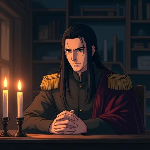 Middle-aged man with long black hair and sharp gaze. Expression shows sternness and warmth. Wears damaged military uniform with rank insignia. Deep crimson cloak drapes over chair. Sits at wooden desk at night. Face lit by candlelight. Contemplative posture, eyes fixed. Room has wooden furniture, calm atmosphere. Dominant tone is muted blue-gray with warm candlelight.