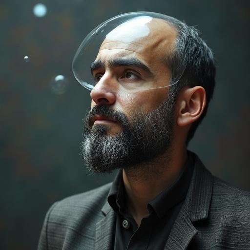 An Iranian man is deep in thought. There is a bubble above his head filled with random numbers. The atmosphere is contemplative and abstract. The focus is on the interaction between the man and the bubble.