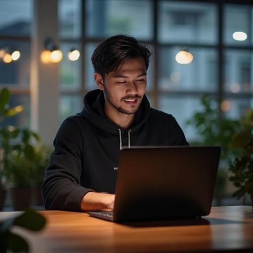 Image features a laptop on a wooden table beside a potted plant. The scene captures a cozy loft ambiance in the morning. The focus is on the laptop screen with a techie wearing a black hoodie. The lighting creates a soft glow effect highlighting the workspace. Ideal for themes around technology and coding.