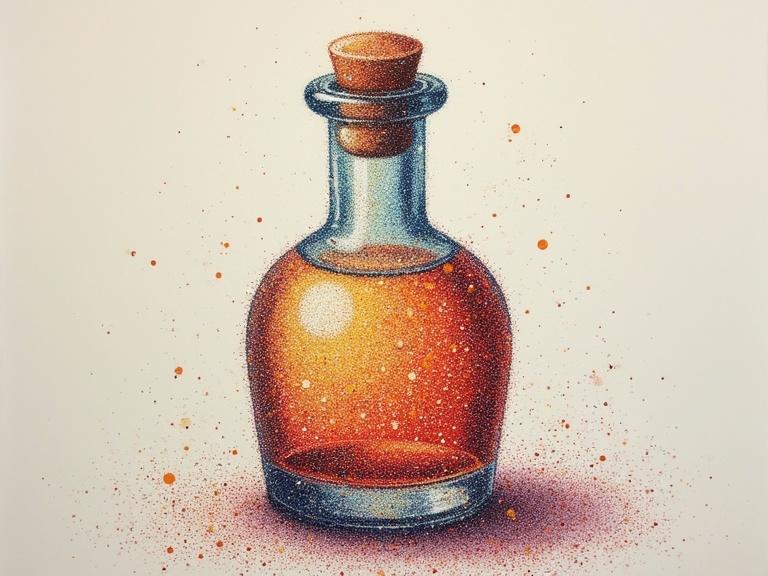 Illustration of a crystal small cylindrical bottle filled with amber liquid. The image is styled like Pointillism painting. Inspired by the techniques of Seurat.