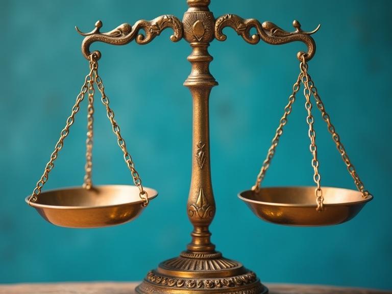 Close-up view of golden balance scales on a turquoise background. Symbol of fairness and justice. Represents the balance between algorithmic fairness and bias.