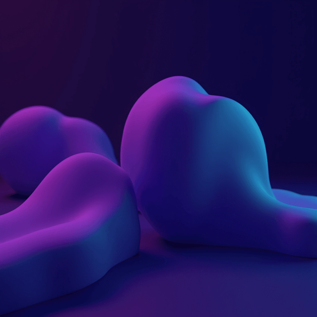 The image features abstract, organic shapes with a smooth, rubbery texture. These forms are illuminated in a gradient of radiant purple and soft teal, giving a sense of fluidity and movement. The background is a dark, deep shade, providing contrast and enhancing the colors of the shapes. The lighting emphasizes the curves and smooth surfaces of the sculptures, creating a futuristic and surreal atmosphere.