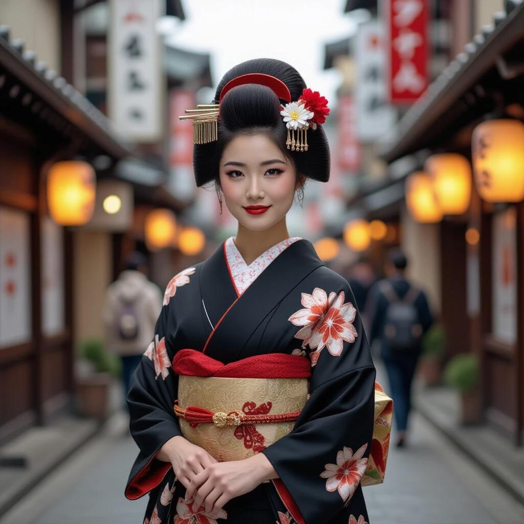 Woman in traditional Japanese kimono standing in a narrow street lined with wooden buildings. She wears a decorative hairstyle with flowers and has a radiant smile.