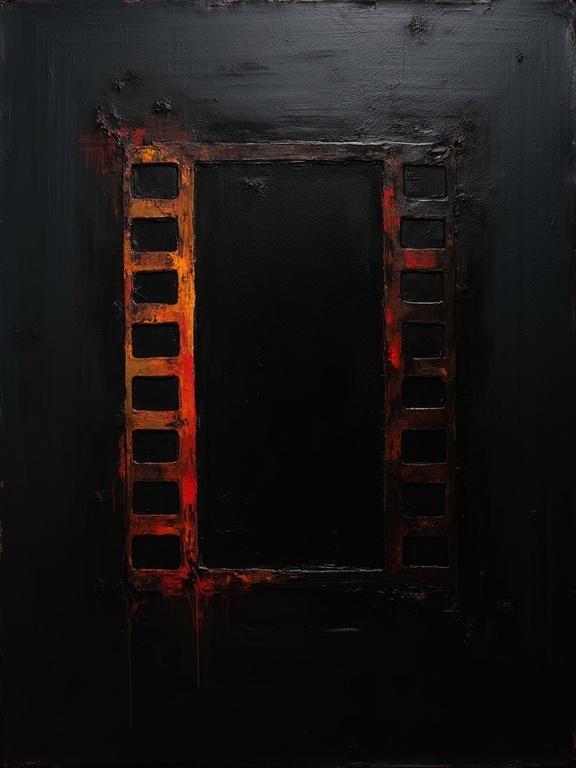 Digital oil painting features a black background. Harsh paint strokes are visible. Cubist and unfinished artistic elements are present. Flat colors combine with dynamic silhouette design. Minimalist style showcases repeating voids shaped like film negatives. Shadows combine with cubist edges that resemble film strips.