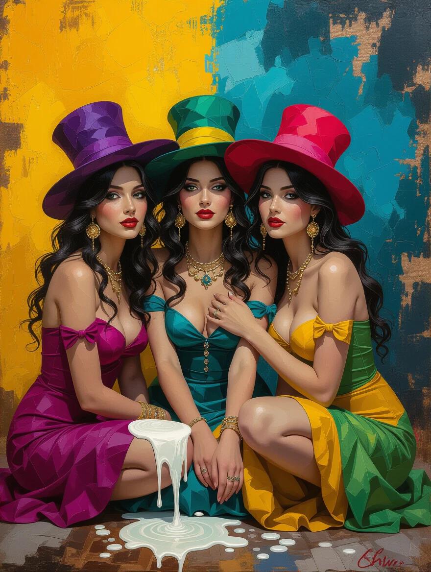 A surreal portrait shows three exquisite gypsies. Dresses in eccentric shades of green magenta yellow and blue. Intricate details and hyperdetailed elements. Contrasting background in yellow ocher and burnt sienna. Thick textured style with paint and splashes. Collage elements like newspaper wood and glittering confetti. Mixed media techniques create a fantasy scene. Emphasize on colorful texture play and artistic expression.