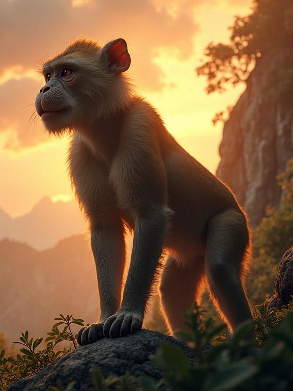 A monkey with the body of a feline stands on a rock during golden hour. The scene is set in a celestial realm with rocky cliffs and jungle. A magical storm swirls in the distance. The pose is natural and dynamic, against a backdrop of mountains and trees. The lighting is perfect for wildlife photography.