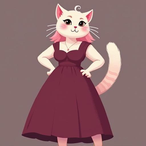 Fit anthropomorphic cat mom with mauve and white fur wearing a dark pink dress. Hands on hips, confident pose.