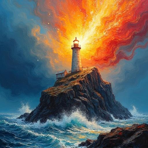 Massive lighthouse on jagged rock exploding with light. Light rays resembling magma. Stormy sea below. Expressionist acrylic style. Bold brushwork with chaotic energy. High contrast.
