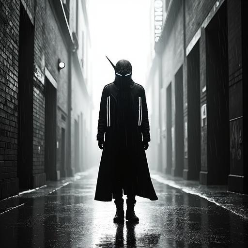 Dramatic black and white alleyway scene with rain. A lone figure in a trench coat stands confidently. The figure has glowing lines on their outfit and an angular helmet. The scene features slick reflections and intense backlighting from streetlamps. It evokes a sense of mystery and tension.