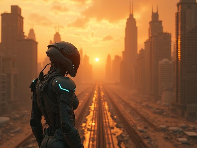 High altitude shot of a massive post-apocalyptic megacity. Skyscrapers in ruins. Highways twisted and cracked. Smoky orange sky with ash falling. A humanoid figure stands alone in a black exosuit with glowing cyan lines. Light shines in golden hour with godrays. City full of debris and fissures. Dusty battlefield atmosphere. Wind carries papers and sand.