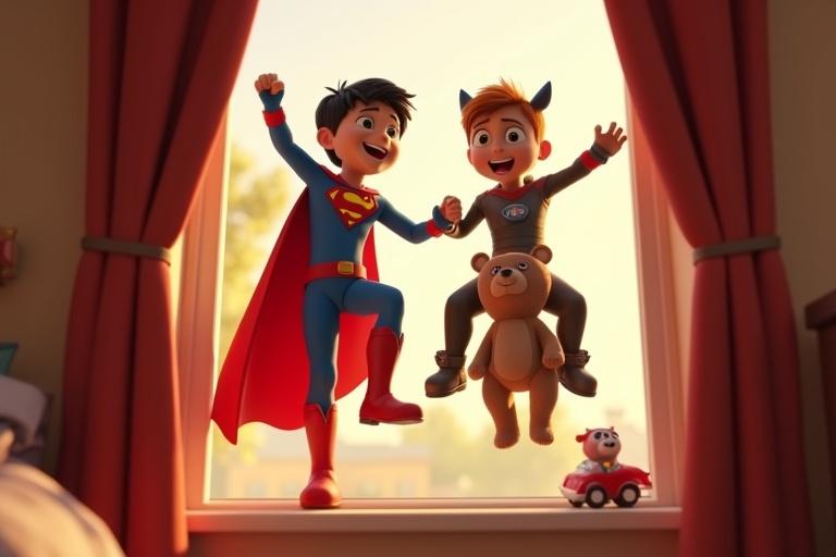 Joyful 3D animated scene shows two children climbing through the window. One child wears a red cape and blue suit. The other child has a futuristic metallic outfit. They hold a teddy bear. Background features a colorful bedroom with toys.