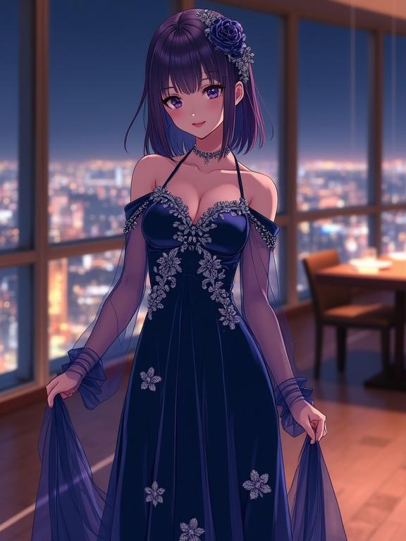 Anime woman with dark violet hair and eyes stands in luxury sky lounge at night. Wearing elegant off-the-shoulder dark blue gown with silver floral patterns. Soft smiling expression. Warm city lights visible through a large window. Scene conveys sophisticated elegance and romance.