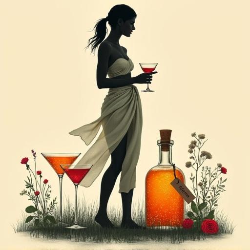 Minimalist screen printing artwork depicts silhouettes in a lush orchard. A woman in her mid-thirties holds a cocktail glass at chest level. Wearing a flowing sarong, it flutters in the wind. Nearby, an apothecary bottle radiates a golden-red glow. The bottle has a cork lid and a tag named 'ALFRUNO'. Two identical glasses flank the bottle. Roses and wildflowers surround them. The composition features contrasting strokes and is minimalist in style.