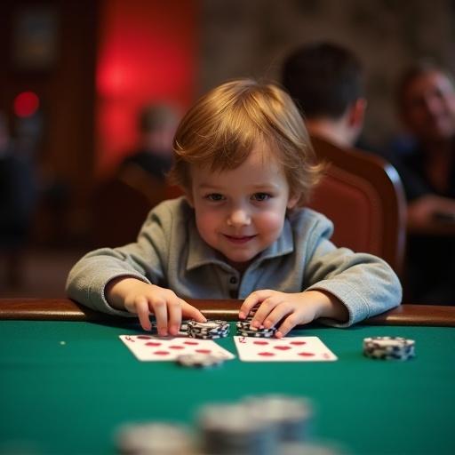 A child playing poker. The child looks happy. Parents are behind the child, celebrating.