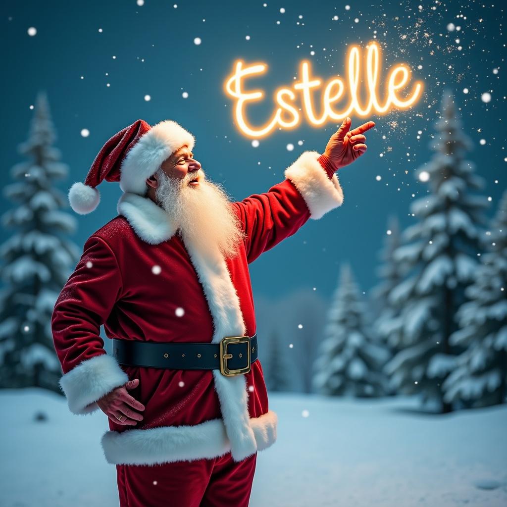 The image depicts a joyful Santa Claus standing in a winter wonderland. He is dressed in his traditional red suit with white trim and a matching hat. Santa is pointing upward as if he is magically writing a name in the sky. Snowflakes gently fall around him, creating a festive atmosphere. In the sky, the name 'Estelle' is written in bright, glowing letters.