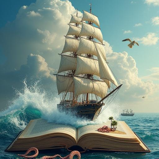 A tall ship with full sails bursts forth from open antique book. Realistic ocean waves spill from book, one page shows sandy beach with palm tree. Octopus tentacles emerge from water, seagulls fly around. Storybook comes to life with photorealistic detail, adventure concept.