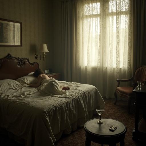 A vintage hotel room from the 1930s with elegant but faded decor. A woman lies motionless on the bed. An empty glass is on the nightstand. Soft morning light filters through lace curtains. Evokes eerie stillness and suspense.