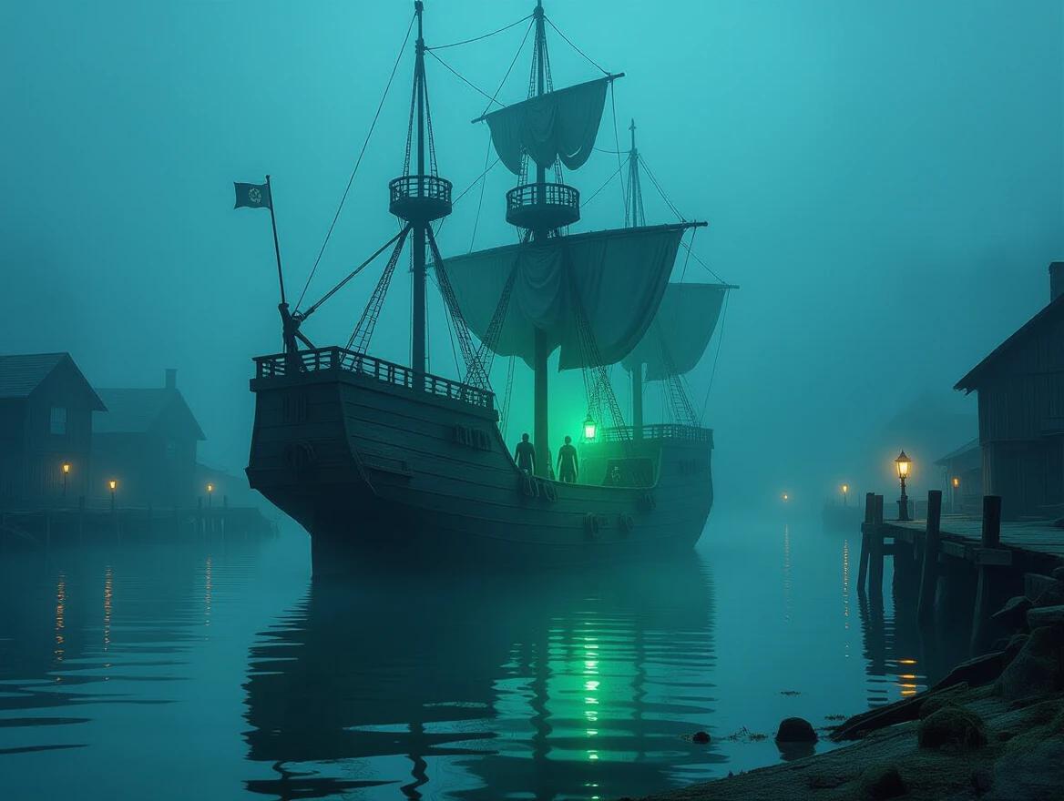 A ghost ship enters a deserted harbor. Nighttime scene with dense fog covers water and docks. Ship's ancient hull covered in seaweed reflects blue light. Ghostly figures on the deck with lanterns burning green fire. Weathered wooden houses are barely visible. Mood is gloomy and silent with dramatic lights and shadows.