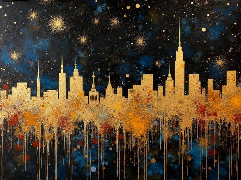 Abstract cityscape painting with influences from Klimt and others. Displays a skyline in gold with sparkling stars and colorful splatters. Background is a deep black canvas. The technique combines wet on wet and slattering for a dynamic look. Centered composition evokes feelings of happiness. High contrast artwork with perfect balance.
