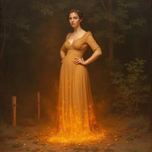 A woman in a glowing golden dress standing in a forest. Her gown appears to be burned at the bottom, emitting sparks and light. Natural background with trees.