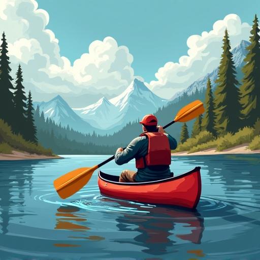 A person paddles a red kayak on a calm river surrounded by mountains. Tall green trees line the water's edge. Clouds float in a bright blue sky.