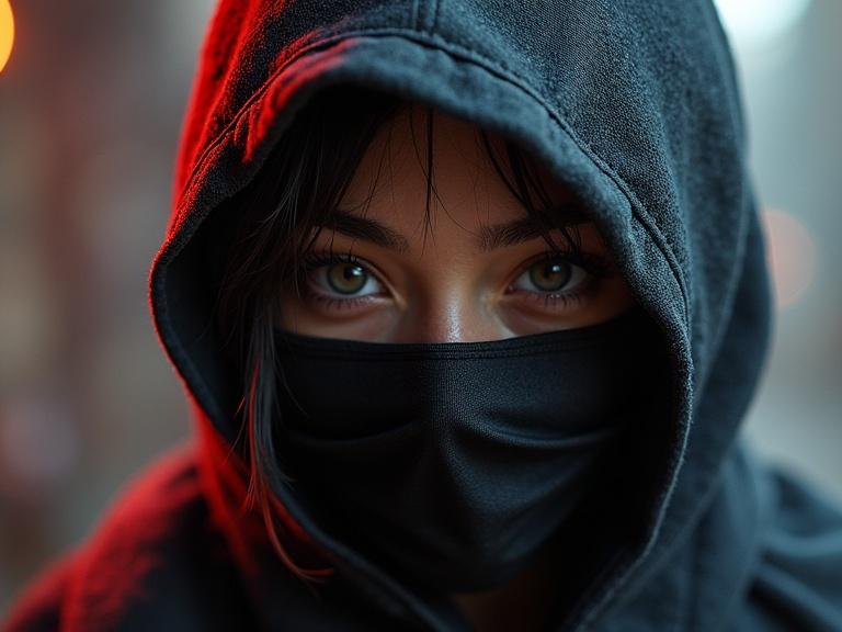 Masterpiece photo of a beautiful person wearing a black hood and mask. The focus is on striking eyes with a dark, cool background.