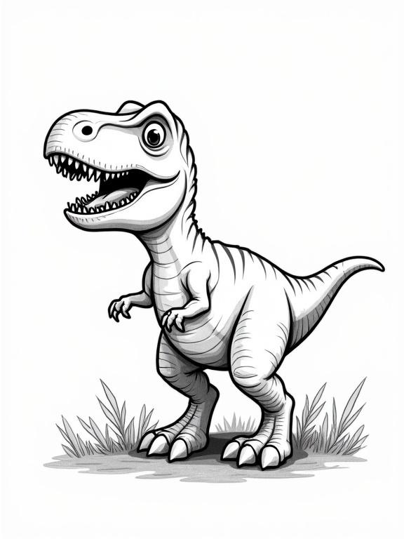 Illustration of a Tyrannosaurus rex for kids to color. The character is designed in a cartoon style. It stands on grass and shows a friendly expression.