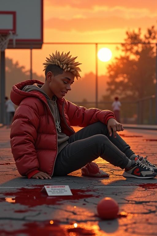 A cinematic scene on a basketball court during sunset. A person with a unique hairstyle and designer clothing sits on the ground surrounded by urban details. The atmosphere is tense with a bloody note nearby and kids frozen in the background. The color scheme combines warm sunset tones with deep shadows. The individual's expression is focused and intense as they look at the note while a ball rolls away.