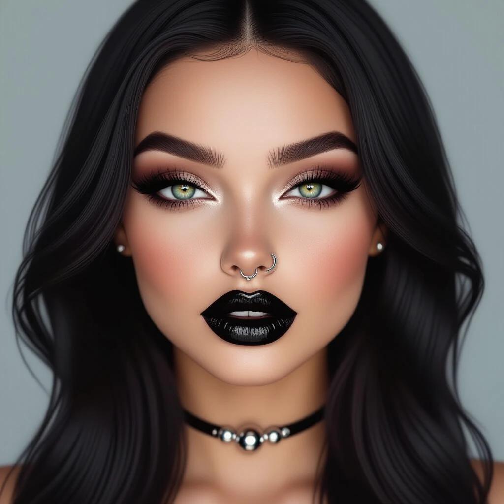 Realistic full-face portrait of a gothic woman. Soft, rounded face. Full, plump glossy black lips. Bright black eyes with long, voluminous eyelashes. Bold black eyeliner and dark smoky eyeshadow. Silver septum ring. Smooth, pale complexion. Long, dark flowing hair. Plain, neutral background. Highly detailed and realistic.